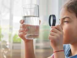 Side View Of Girl Looking At Water Through Magnifying Glass At Home