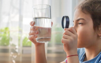 Side View Of Girl Looking At Water Through Magnifying Glass At Home