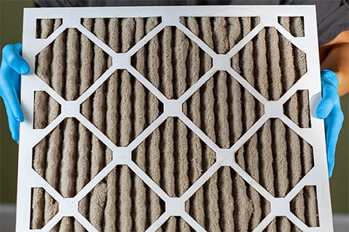 Gloved hand holding grungy air filter