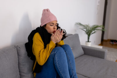 woman sitting in home bundled up during winter weather