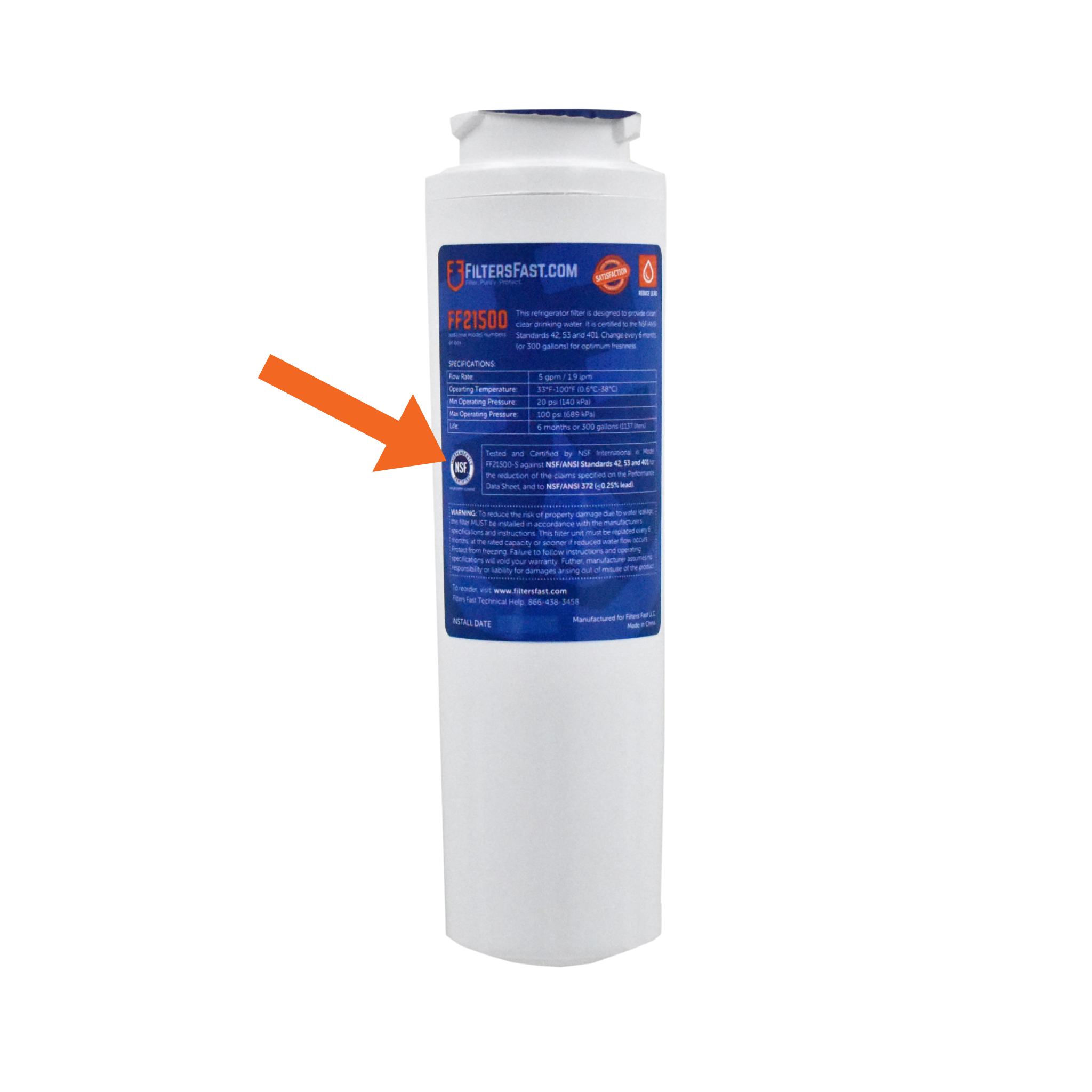 The Filters Fast FF21500 has an arrow pointing to the NSF Certified seal